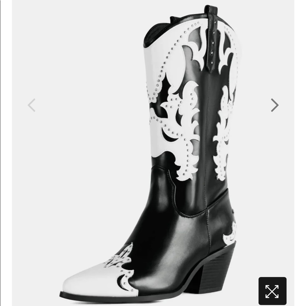 Black and White Embroidered Cowboy Boots